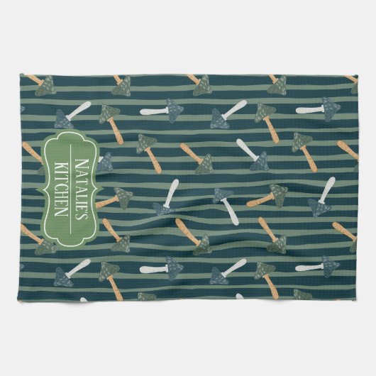 Hübsche Salbei-Monogramm-Pilzmuster-Retro Geschirrtuch (Horizontal)