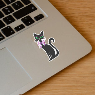 Hübsche schlanke schwarze Katze grüne Augen rosa S Aufkleber