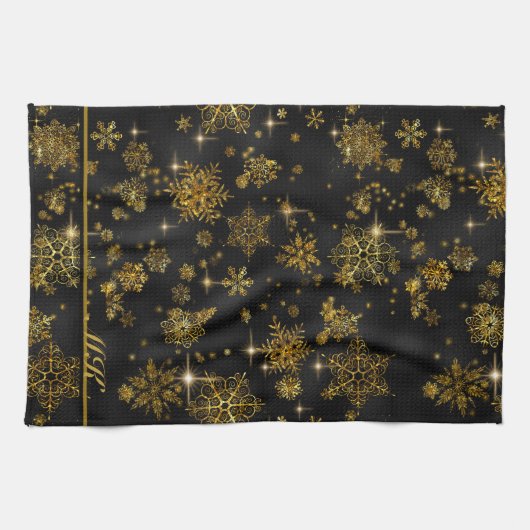 Hübsche Schneeflocken-Muster Schwarz/Gold-ID846 Geschirrtuch (Horizontal)