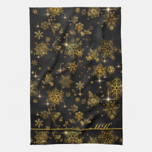 Hübsche Schneeflocken-Muster Schwarz/Gold-ID846 Geschirrtuch (Vertikal)