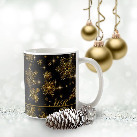 Hübsche Schneeflocken-Muster Schwarz/Gold-ID846 Kaffeetasse