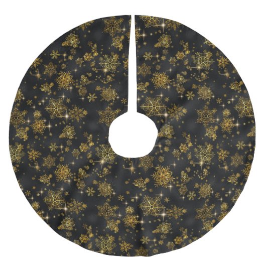Hübsche Schneeflocken-Muster Schwarz/Gold-ID846 Polyester Weihnachtsbaumdecke (Vorderseite)