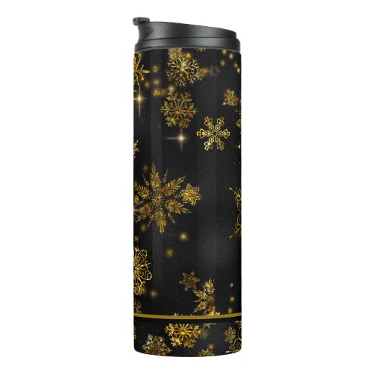 Hübsche Schneeflocken-Muster Schwarz/Gold-ID846 Thermosbecher (Nach rechts gedreht)