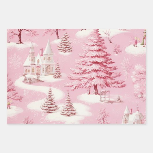 Hübsche Schneeszene Rosa Weihnachtsstadt Geschenkpapier Set (Vorderseite 2)