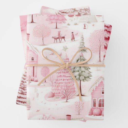 Hübsche Schneeszene Rosa Weihnachtsstadt Geschenkpapier Set (Beispiel)