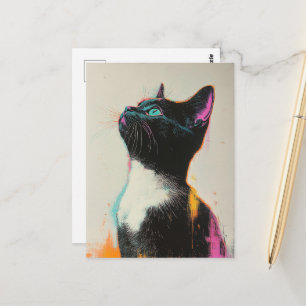 Hübsche schwarz-weiße Katze mit Rosa und Gelb  Postkarte