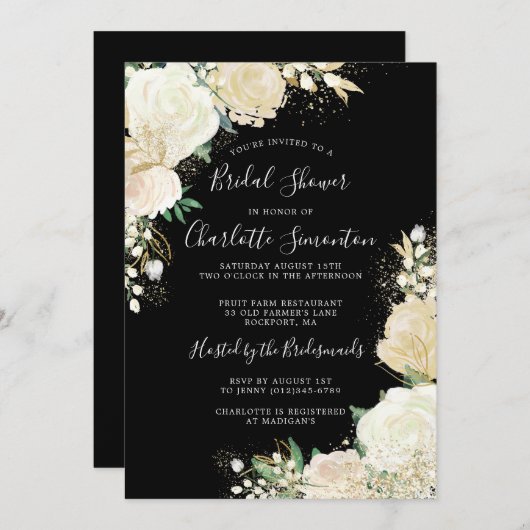 Hübsche Schwarz-weiße Rose Blumenkohl Brautparty Einladung (Vorne/Hinten)