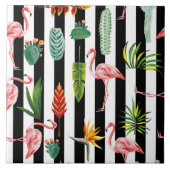 Hübsche Schwarz-weiße Streifen mit Flamingo Cactus Fliese (Vorderseite)
