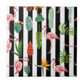 Hübsche Schwarz-weiße Streifen mit Flamingo Cactus Fliese (Vorderseite)