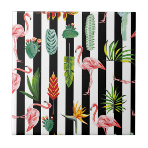 Hübsche Schwarz-weiße Streifen mit Flamingo Cactus Fliese