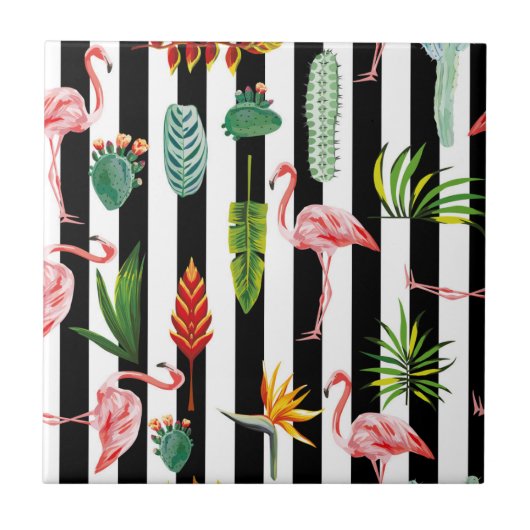 Hübsche Schwarz-weiße Streifen mit Flamingo Cactus Fliese (Vorderseite)