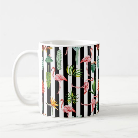 Hübsche Schwarz-weiße Streifen mit Flamingo Cactus Kaffeetasse (Links)