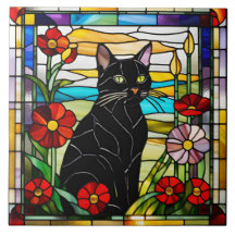 Hübsche schwarze Katze Buntglas-Dekorfliese