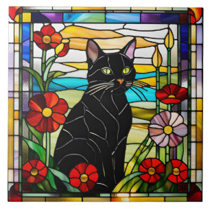 Hübsche schwarze Katze Buntglas-Dekorfliese Fliese