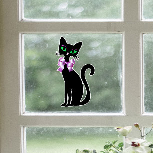 Hübsche schwarze Katze mit grünen Augen und rosa S Fensteraufkleber