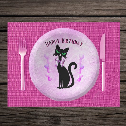 Hübsche schwarze Katze rosa Schleife helle Herzen Pappteller