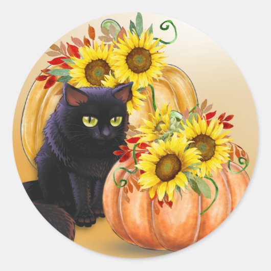 Hübsche schwarze Katze und Kürbiskreide Halloween Runder Aufkleber (Vorderseite)