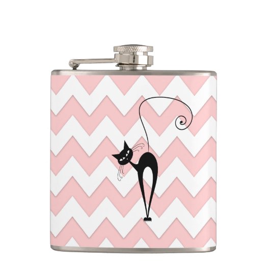 Hübsche schwarze Katze Zickzack blass pink Flachmann (Vorderseite)