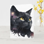Hübsche schwarze kosmische Aquarellkatze Karte (Gelbe Blume)