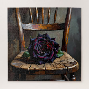 Hübsche schwarze Rose auf rustikalem Stuhl Valenti Puzzle