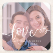 Hübsche Script-LIEBE Pastel Pink Foto Hochzeit Rechteckiger Pappuntersetzer (Vorderseite)