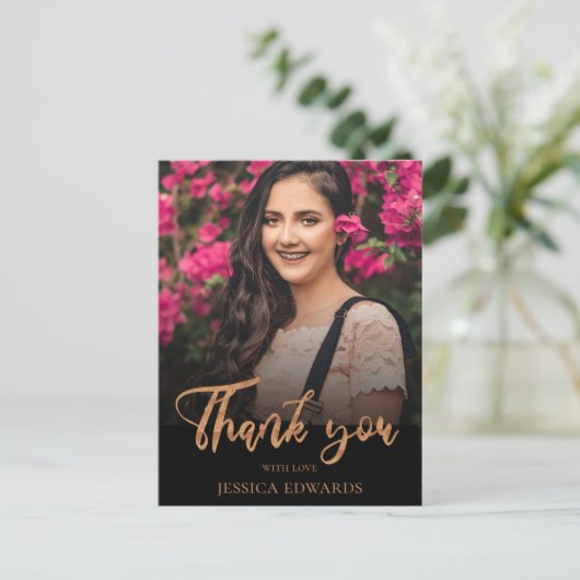 Hübsche Script Rose Gold Foto Abschluss Vielen Dan Postkarte (Stehend Vorderseite)