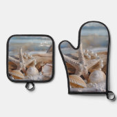 Hübsche Seashells White Pearls Driftwood Ofenhandschuh & Topflappen-Set (Vorderseite)