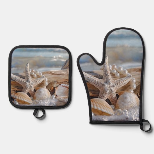 Hübsche Seashells White Pearls Driftwood Ofenhandschuh & Topflappen-Set (Vorderseite)