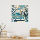 Hübsche Sicht auf den Ozean und Vase der Blume Poster (Küche)
