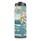 Hübsche Sicht auf den Ozean und Vase der Blume Thermosbecher (Vorderseite)