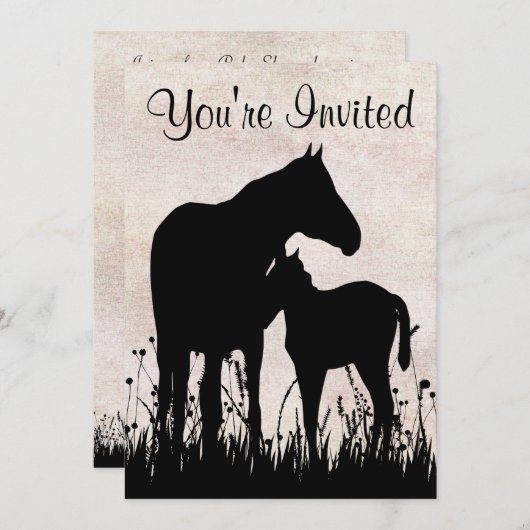 Hübsche Silhouette Mare and Foal Horse Baby Dusche Einladung (Vorne/Hinten)