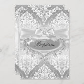 Hübsche Silver Damask Bow Taufe Einladung (Vorne/Hinten)