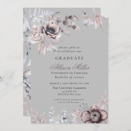 Hübsche Silver Gray Mauve Floral Graduation Party Einladung (Vorne/Hinten)