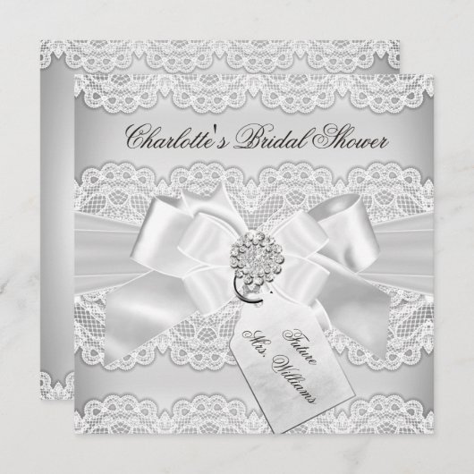 Hübsche Silver Lace & Bow Bridal Dusche Einladung (Vorne/Hinten)