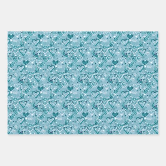 Hübsche Sky Blue Hearts Flat Wrapping Paper Sheets Geschenkpapier Set (Vorderseite)