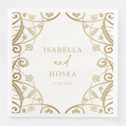 Hübsche Soft Gold Glitzer Blumenzange Hochzeit Serviette (Vorderseite)