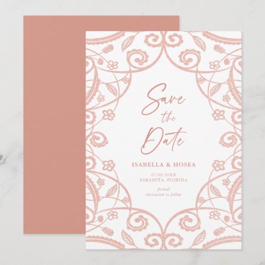 Hübsche Soft Rose Gold Glitzer Blumenzange Hochzei Save The Date (Vorne/Hinten)