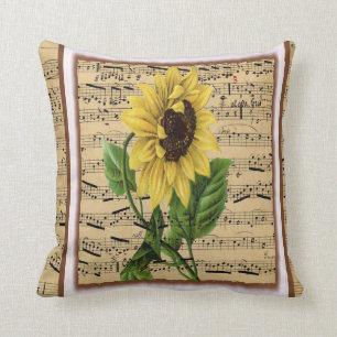Hübsche Sonnenblume auf Vintager Blatt-Musik Kissen