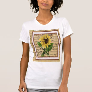 Hübsche Sonnenblume auf Vintager Blatt-Musik T-Shirt