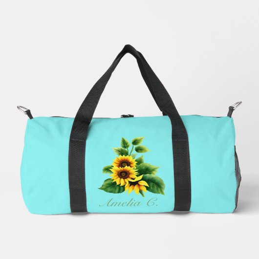 Hübsche Sonnenblume und Name im Aquamarinen Hinter Duffle Bag (Vorderseite)