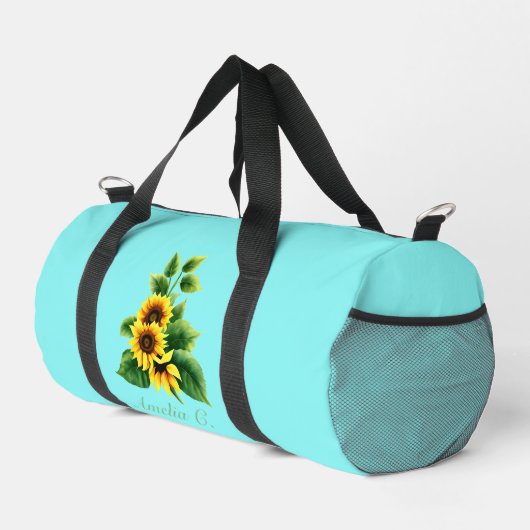 Hübsche Sonnenblume und Name im Aquamarinen Hinter Duffle Bag (Rechte Ecke)