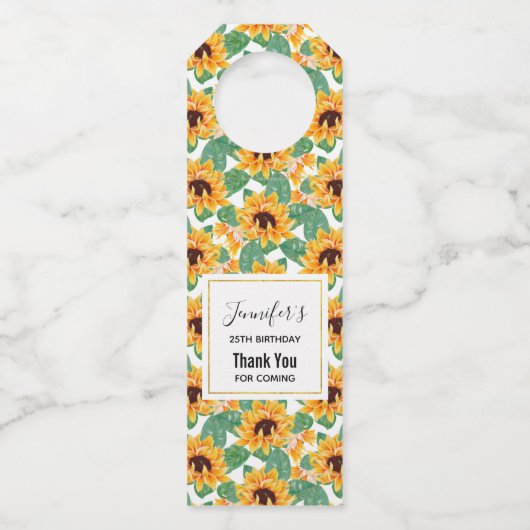 Hübsche Sonnenblumen Gelb & Grün Muster Geburtstag Flaschenanhänger (Vorderseite)