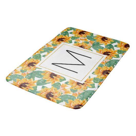 Hübsche Sonnenblumen Gelb-Grün-Muster Monogramm Badematte (Schrägansicht)