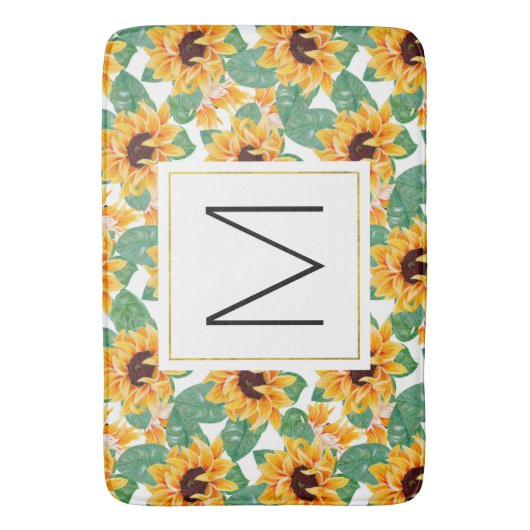 Hübsche Sonnenblumen Gelb-Grün-Muster Monogramm Badematte (Vorderseite Vertikal)