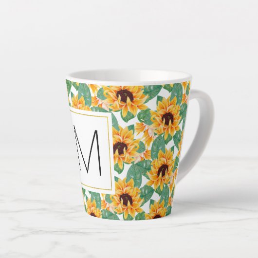 Hübsche Sonnenblumen Gelb-Grün-Muster Monogramm Milchtasse (Rechte Ecke)