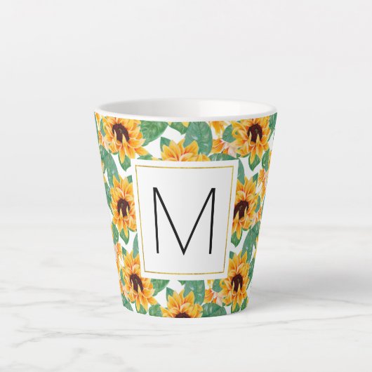 Hübsche Sonnenblumen Gelb-Grün-Muster Monogramm Milchtasse (Vorderseite)