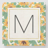 Hübsche Sonnenblumen Gelb-Grün-Muster Monogramm Steinuntersetzer (Vorderseite)