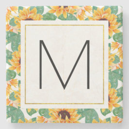 Hübsche Sonnenblumen Gelb-Grün-Muster Monogramm Steinuntersetzer