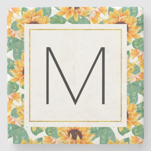 Hübsche Sonnenblumen Gelb-Grün-Muster Monogramm Steinuntersetzer (Vorderseite)