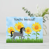 Hübsche Sonnenblumen & Pferde Einladung zum Geburt (Stehend Vorderseite)